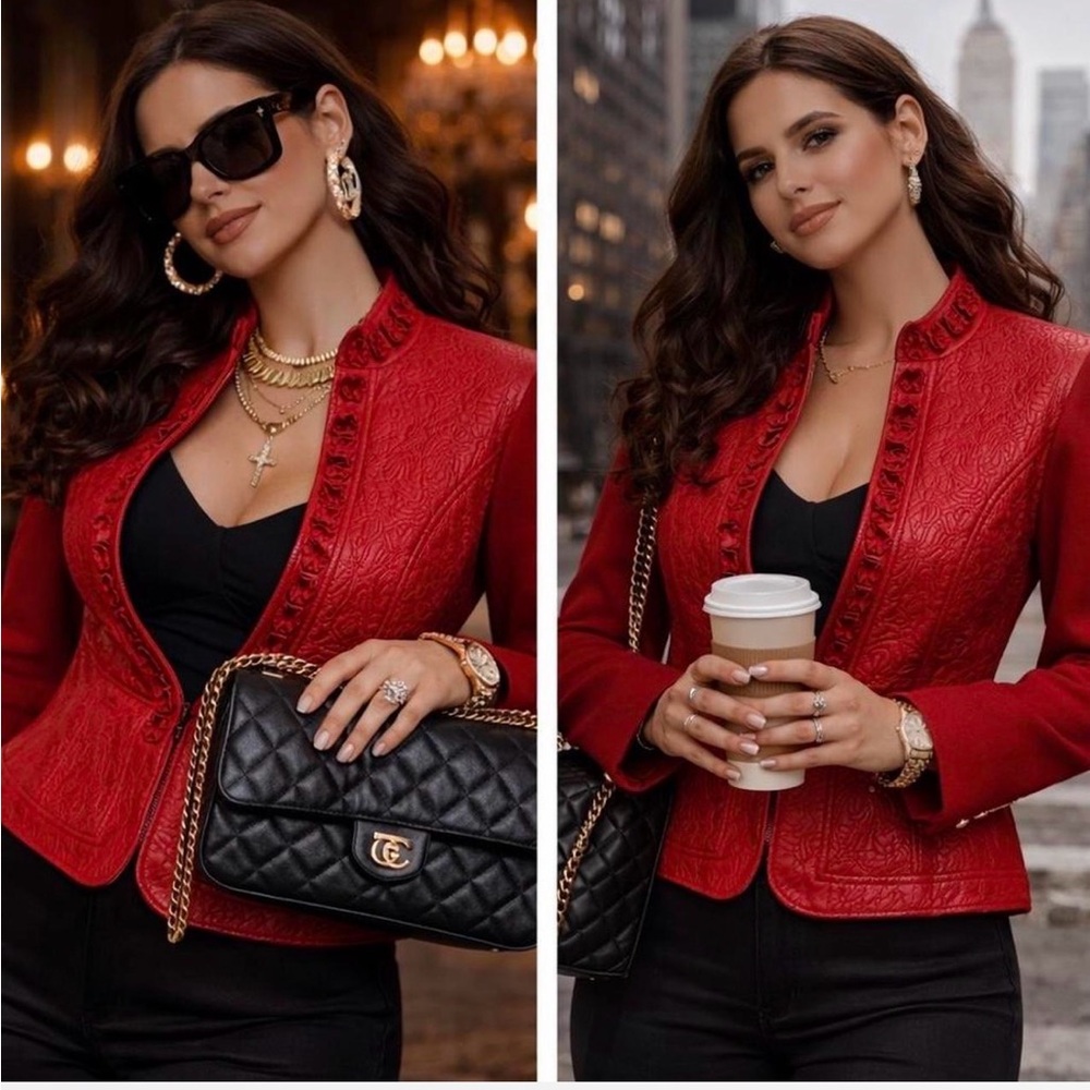 Nygård Red Leather Embroidered Jacket Sz S 6-8 Mobwife Y2K Western Moto City